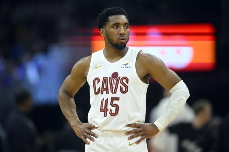 May 11, 2024; Cleveland, Ohio, USA; Cleveland Cavaliers guard Donovan Mitchell (45) stands on the court in the second quarter of game three of the second round of the 2024 NBA playoffs against the Boston Celtics at Rocket Mortgage FieldHouse. Mandatory Credit: David Richard-USA TODAY Sports