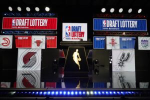 May 12, 2024; Chicago, IL, USA; A overall shot of the 2024 NBA Draft Lottery at McCormick Place West. Mandatory Credit: David Banks-USA TODAY Sports