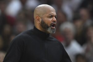 May 13, 2024; Cleveland, Ohio, USA; Cleveland Cavaliers head coach J. B. Bickerstaff reacts against the Boston Celtics in the second quarter of game four of the second round for the 2024 NBA playoffs at Rocket Mortgage FieldHouse. Mandatory Credit: David Richard-USA TODAY Sports Donovan Mitchell