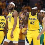 Indiana Pacers players Aaron Nesmith, Isaiah Jackson, Pascal Siakam, Andrew Nembhard