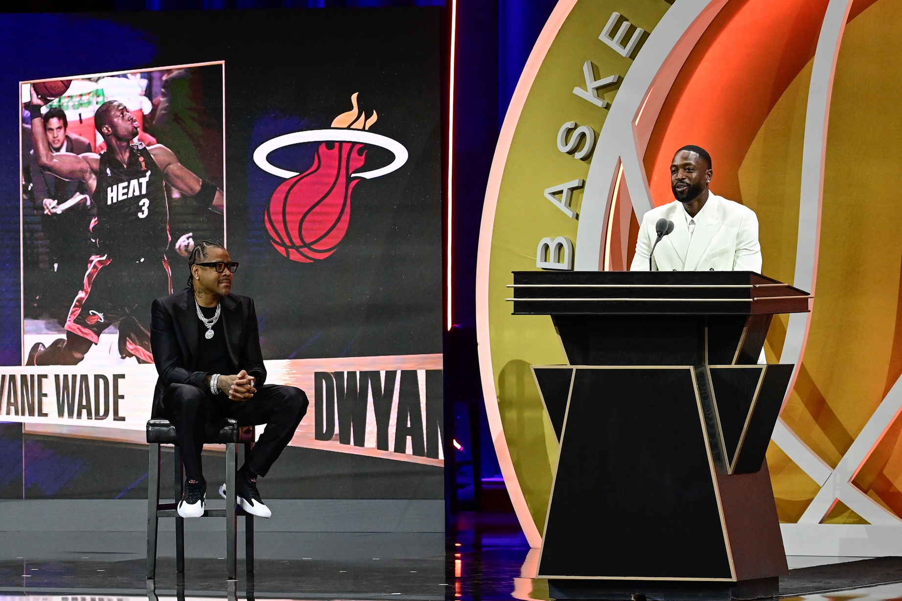 Allen Iverson and Dwyane Wade on stage during Miami Heat star’s Hall of Fame enshrinement