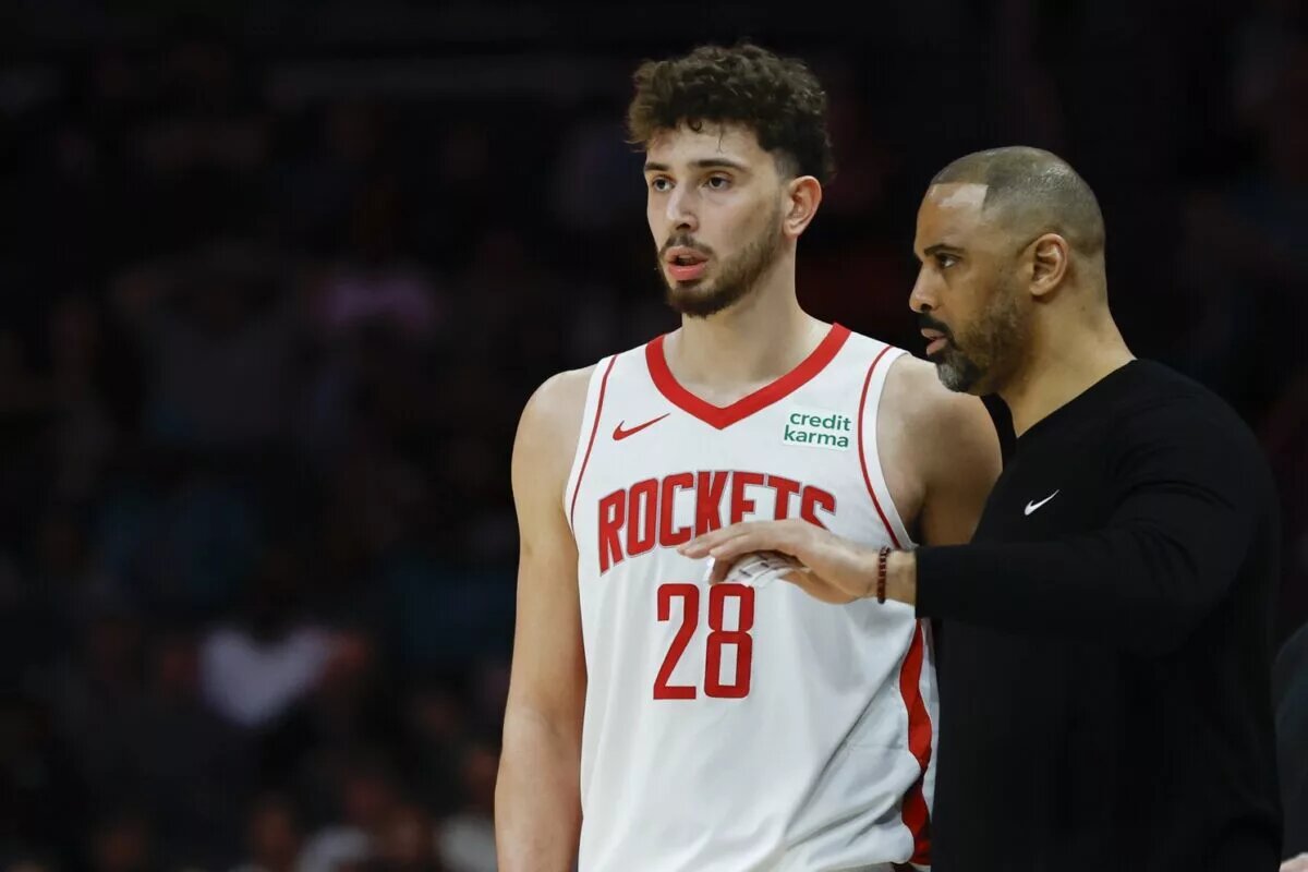 Houston Rockets head coach Ime Udoka talks to Alperen Sengun