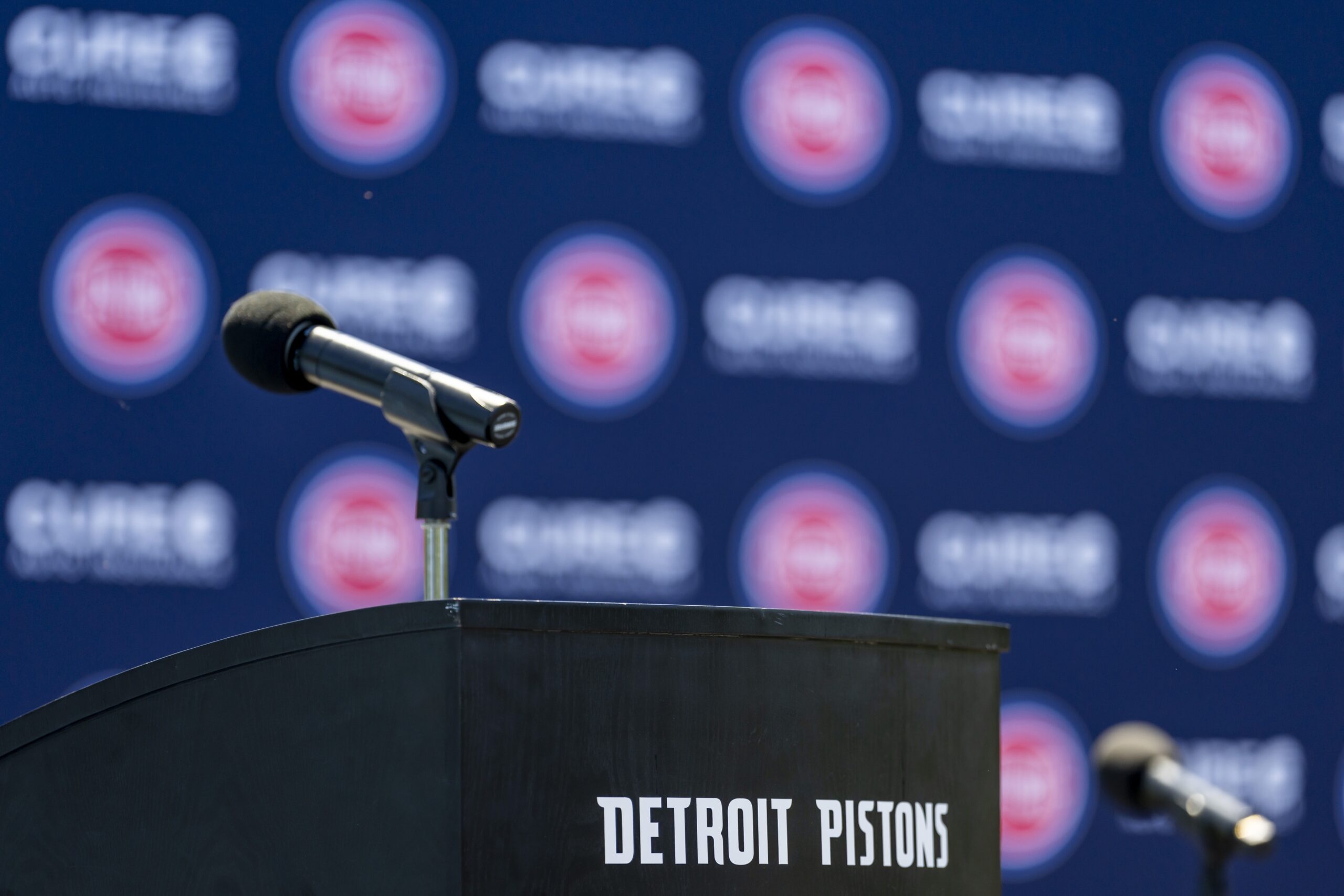 Jun 24, 2022; Detroit, Michigan, USA; A general image of the podium before the Detroit Pistons 2022 NBA Draft Introductory Press Conference. Mandatory Credit: Raj Mehta-USA TODAY Sports