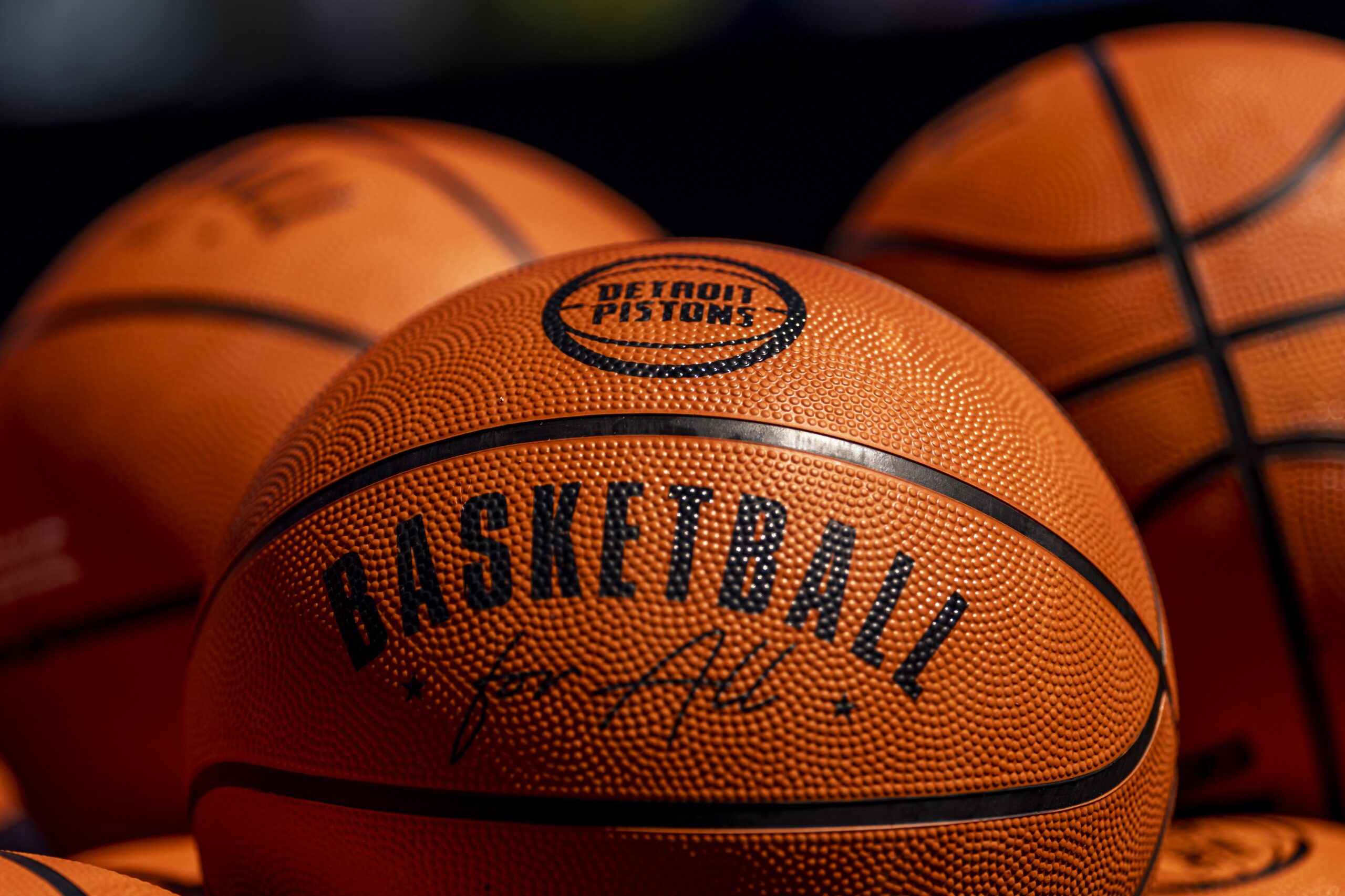 Jun 24, 2022; Detroit, Michigan, USA; A crate full of basketballs sits in front of the podium during the Detroit Pistons 2022 NBA Draft Introductory Press Conference. Mandatory Credit: Raj Mehta-USA TODAY Sports