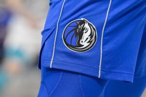 A view of the Dallas Mavericks logo during the game between the Dallas Mavericks and the Charlotte Hornets at the American Airlines Center.
