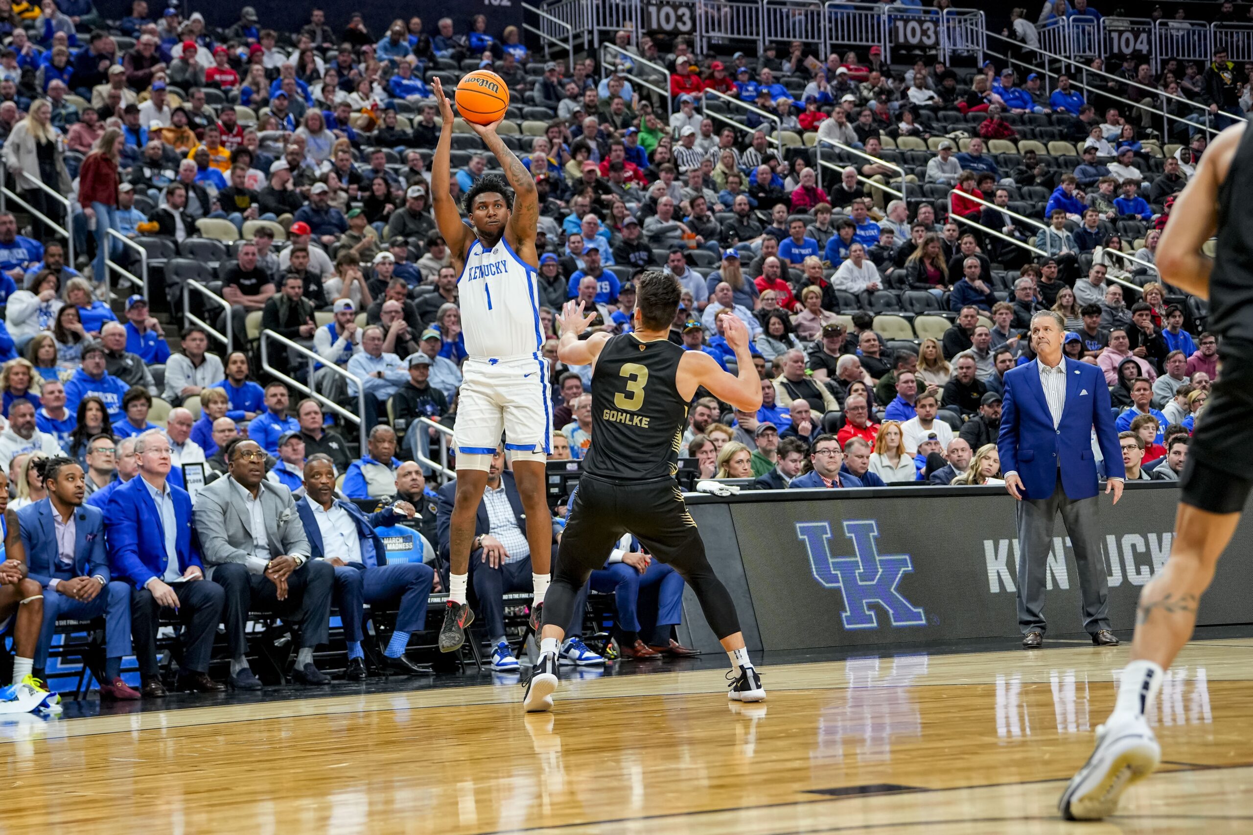 Mar 21, 2024; Pittsburgh, PA, USA; Kentucky Wildcats guard Justin Edwards (1) takes a shot for a three-pointer during the second half in the first round of the 2024 NCAA Tournament at PPG Paints Arena. Mandatory Credit: Gregory Fisher-USA TODAY Sports