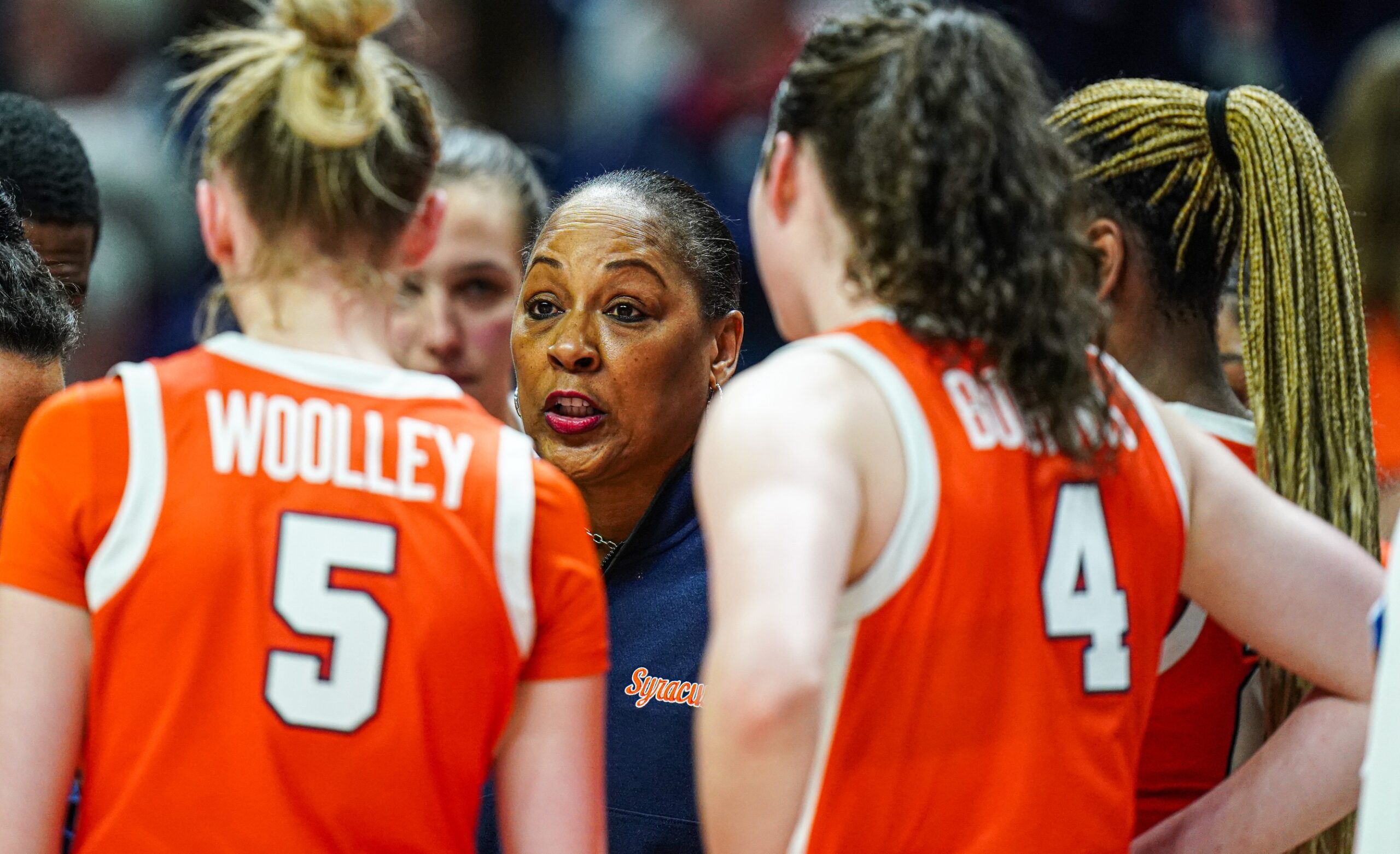 Mar 25, 2024; Storrs, Connecticut, USA; Syracuse Orange head coach Felisha Legette-Jack talks to her players from the sideline as they take on the UConn Huskies at Harry A. Gampel Pavilion. Mandatory Credit: David Butler II-USA TODAY Sports