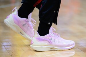 Mar 31, 2024; Washington, District of Columbia, USA; A detailed view of shoes worn by Miami Heat forward Jimmy Butler (22) before the game between the Washington Wizards and the Miami Heat at Capital One Arena. Mandatory Credit: Reggie Hildred-USA TODAY Sports