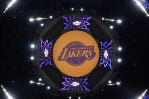 Apr 9, 2024; Los Angeles, California, USA; THe Los Angeles Lakers logo on the video board at Crypto.com Arena. Mandatory Credit: Kirby Lee-USA TODAY Sports