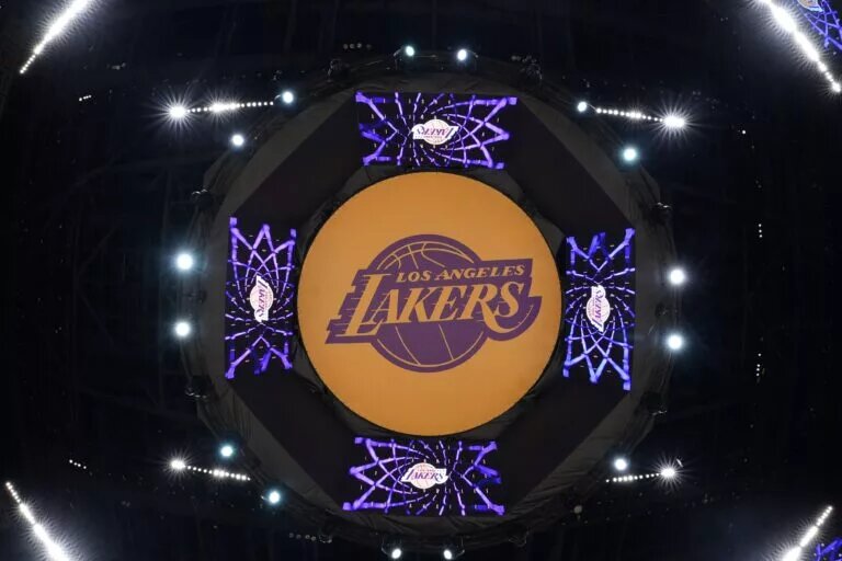 Apr 9, 2024; Los Angeles, California, USA; THe Los Angeles Lakers logo on the video board at Crypto.com Arena. Mandatory Credit: Kirby Lee-USA TODAY Sports