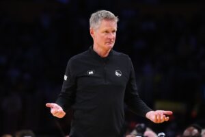 Apr 9, 2024; Los Angeles, California, USA; Golden State Warriors coach Steve Kerr reacts in the first half against the Los Angeles Lakers at Crypto.com Arena. Mandatory Credit: Kirby Lee-USA TODAY Sports Klay Thompson