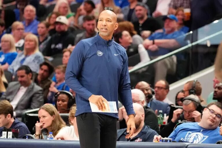 Apr 12, 2024; Dallas, Texas, USA; Detroit Pistons head coach Monty Williams looks on during the game against the Dallas Mavericks American Airlines Center. Mandatory Credit: Chris Jones-USA TODAY Sports