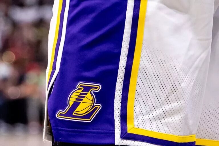 Apr 14, 2024; New Orleans, Louisiana, USA; Detailed view of the Los Angeles Lakers logo on the shorts of forward LeBron James (23) against the New Orleans Pelicans during the second half at Smoothie King Center. Mandatory Credit: Stephen Lew-USA TODAY Sports