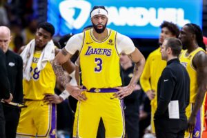 Apr 16, 2024; New Orleans, Louisiana, USA; Los Angeles Lakers forward Anthony Davis (3) looks on against the New Orleans Pelicans during the first half of a play-in game of the 2024 NBA playoffs against the New Orleans Pelicans at Smoothie King Center. Mandatory Credit: Stephen Lew-USA TODAY Sports