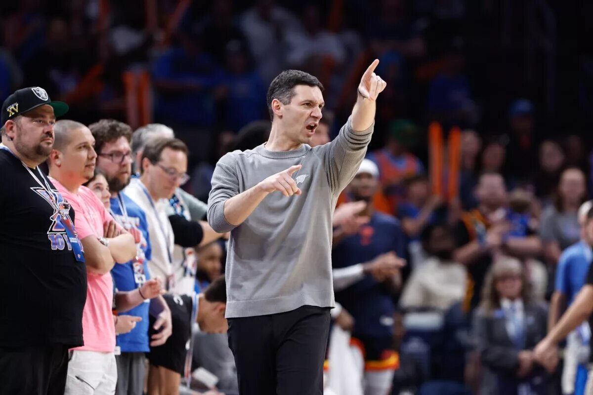 Oklahoma City Thunder head coach Mark Daigneault gestures to his team during a play against the Dallas Mavericks in the second half at Paycom Center.