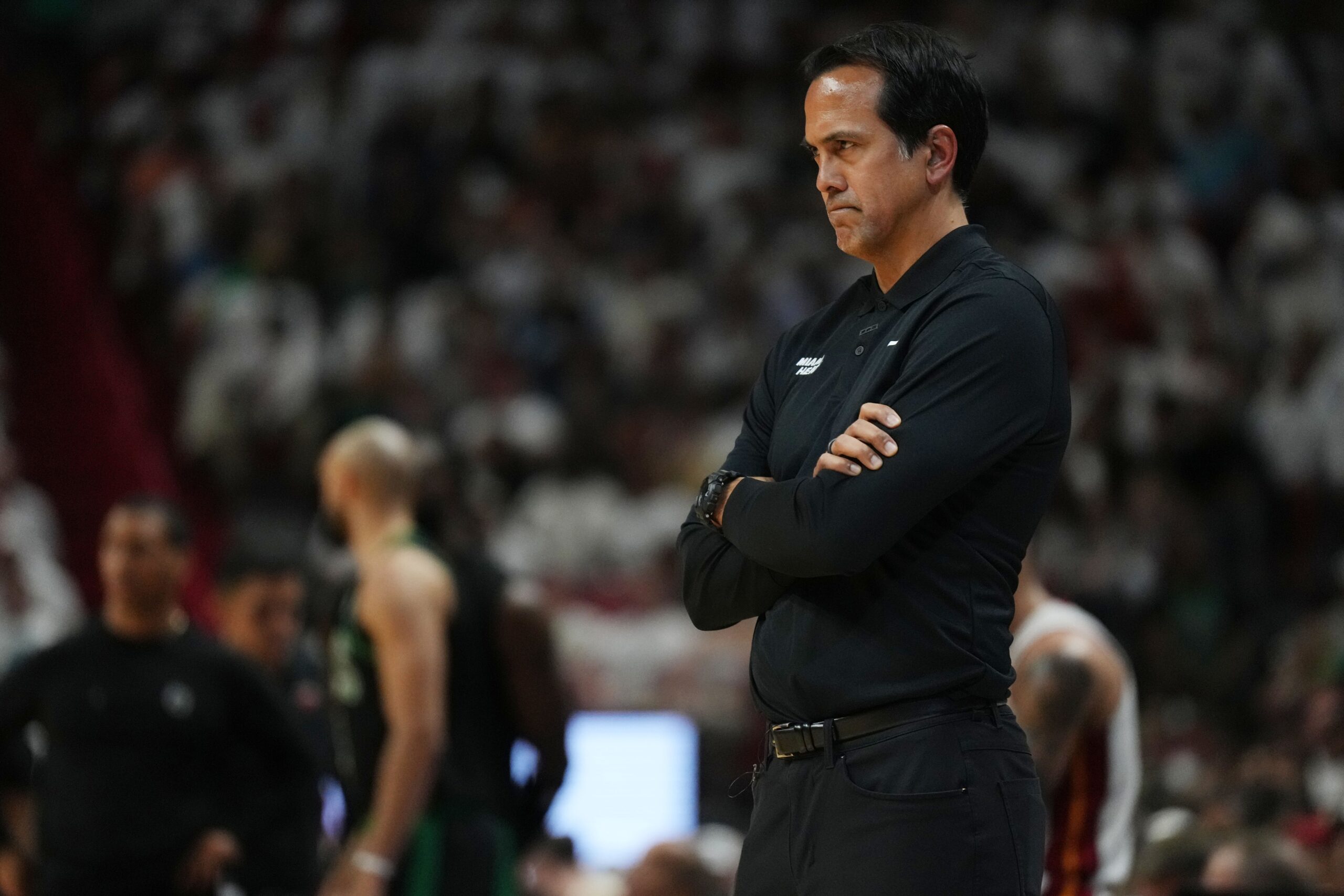 Miami Heat head coach Erik Spoelstra looks on from the sideline against the Boston Celtics in the first half during game three of the first round for the 2024 NBA playoffs at Kaseya Center.