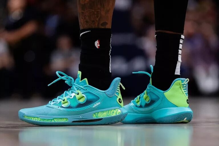 May 14, 2024; Denver, Colorado, USA; A detail view of the shoes worn by Denver Nuggets guard Kentavious Caldwell-Pope (5) in the second quarter against the Minnesota Timberwolves during game five of the second round for the 2024 NBA playoffs at Ball Arena. Mandatory Credit: Isaiah J. Downing-USA TODAY Sports