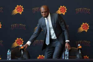 May 17, 2024; Phoenix, AZ, USA; Phoenix Suns General Manager James Jones arrives during a press conference to announce Mike Budenholzer as head coach. Mandatory Credit: Joe Camporeale-USA TODAY Sports