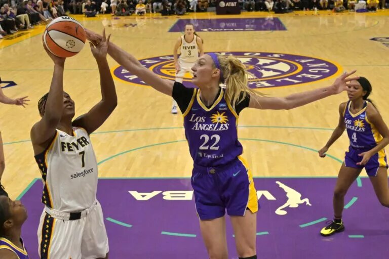 May 24, 2024; Los Angeles, California, USA; Los Angeles Sparks forward Cameron Brink (22) blocks a shot by Indiana Fever forward Aliyah Boston (7) in the first half at Crypto.com Arena. Mandatory Credit: Jayne Kamin-Oncea-USA TODAY Sports