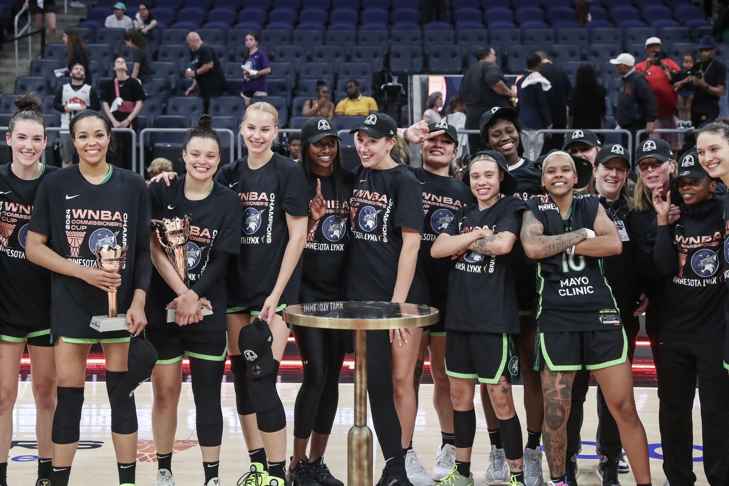 The Minnesota Lynx celebrate after defeating the New York Liberty 94-89 to win the WNBA Commissioner’s Cup Championship at UBS Arena.