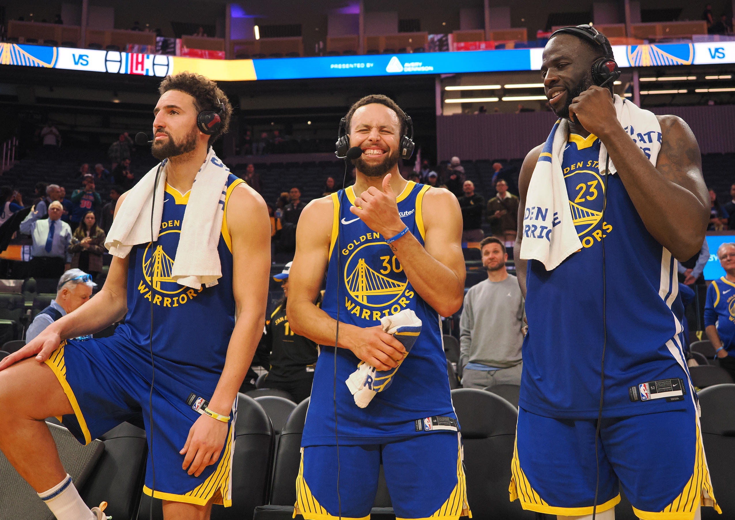 Golden State Warriors guard Klay Thompson (11), guard Stephen Curry (30) and forward Draymond Green (23)