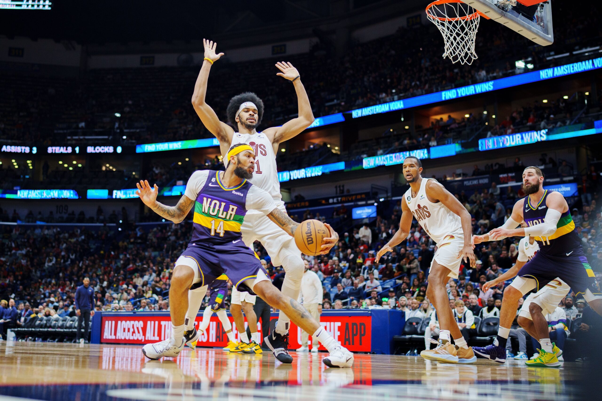 New Orleans Pelicans forward Brandon Ingram makes a move on Cleveland Cavaliers center Jarrett Allen