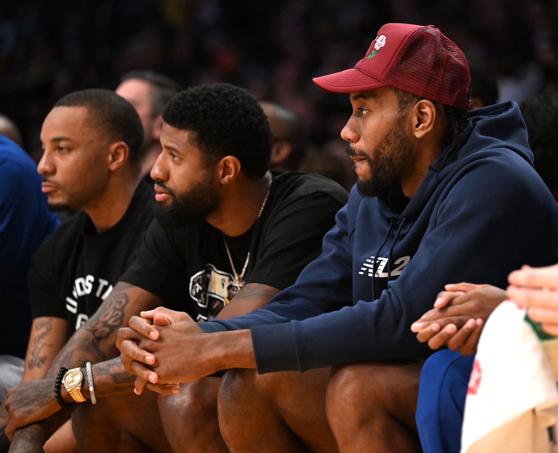 Philadelphia 76ers guard Paul George (13), Los Angeles Clippers forward Norman Powell (24) and forward Kawhi Leonard (2), who could have been Toronto Raptors