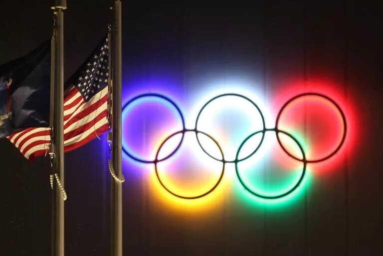 USA flag outside of Olympic Rings (Paris)