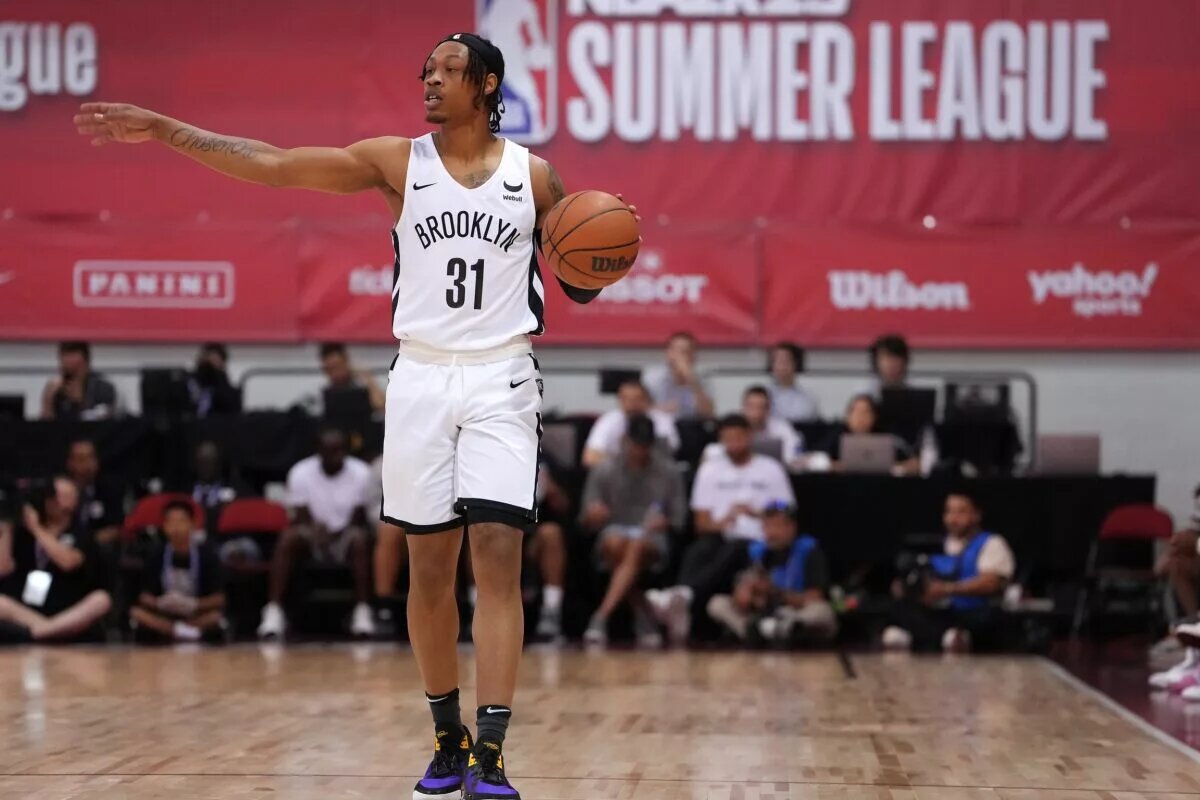 Jul 12, 2022; Las Vegas, NV, USA; Brooklyn Nets guard Alondes Williams (31) gestures while dribbling the ball during an NBA Summer League game against the Memphis Grizzlies at Cox Pavilion. Mandatory Credit: Stephen R. Sylvanie-USA TODAY Sports