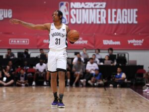 Jul 12, 2022; Las Vegas, NV, USA; Brooklyn Nets guard Alondes Williams (31) gestures while dribbling the ball during an NBA Summer League game against the Memphis Grizzlies at Cox Pavilion. Mandatory Credit: Stephen R. Sylvanie-USA TODAY Sports