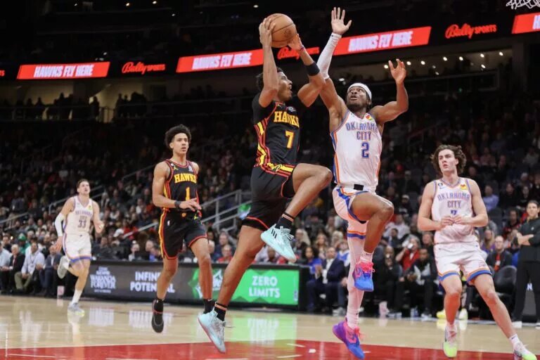 Dec 5, 2022; Atlanta, Georgia, USA; Atlanta Hawks guard Jarrett Culver (7) shoots past Oklahoma City Thunder guard Shai Gilgeous-Alexander (2) in the second quarter at State Farm Arena. Mandatory Credit: Brett Davis-USA TODAY Sports
