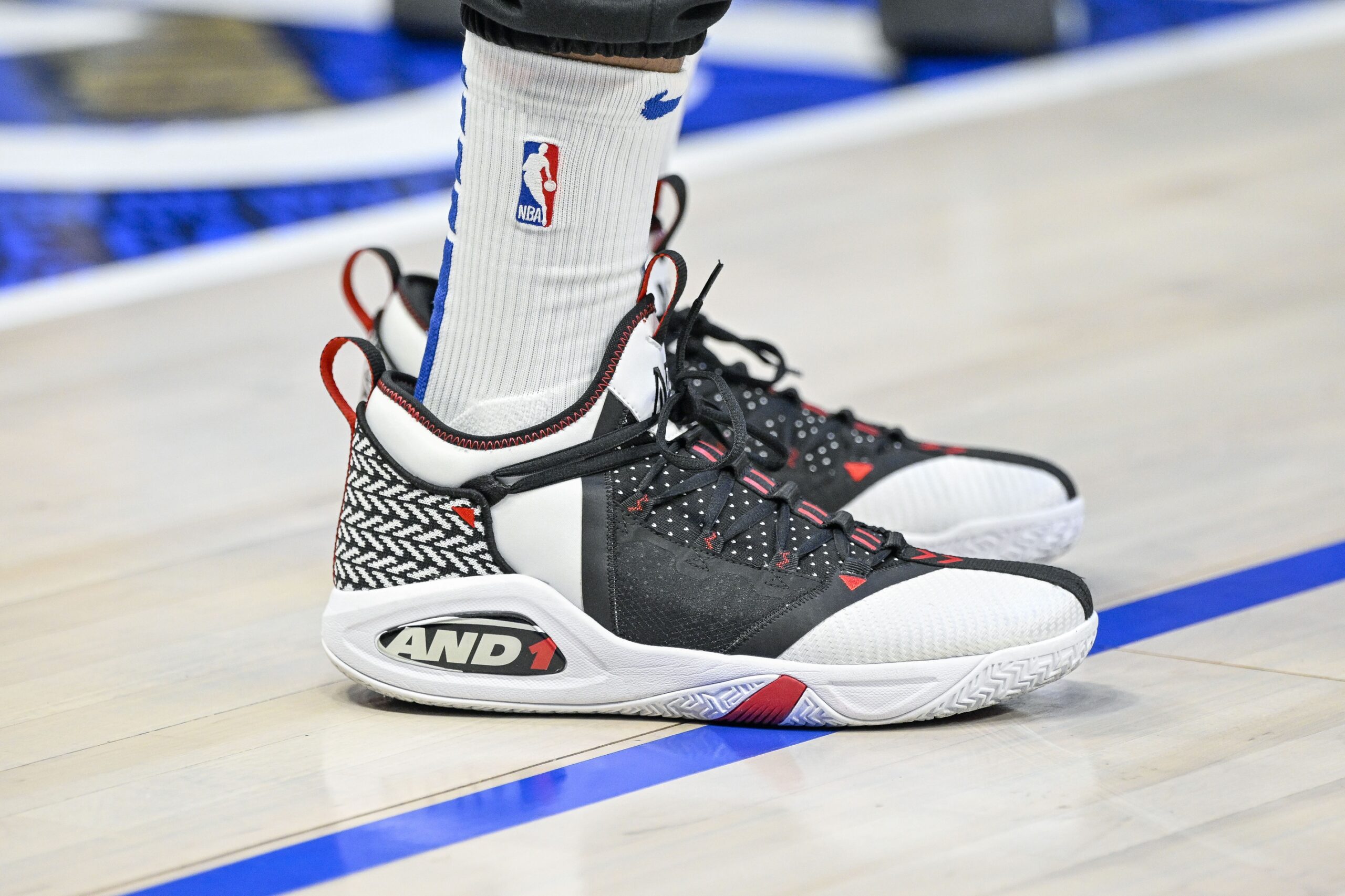 Jan 22, 2023; Dallas, Texas, USA; A view of the sneaker shoes of LA Clippers guard John Wall (11) as he warms up before the game between the Dallas Mavericks and the LA Clippers at the American Airlines Center. Mandatory Credit: Jerome Miron-USA TODAY Sports