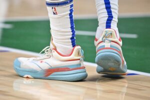 Jan 24, 2023; Dallas, Texas, USA; A view of the sneaker shoes of Dallas Mavericks guard Spencer Dinwiddie (26) during the game between the Dallas Mavericks and the Washington Wizards at the American Airlines Center. Mandatory Credit: Jerome Miron-USA TODAY Sports