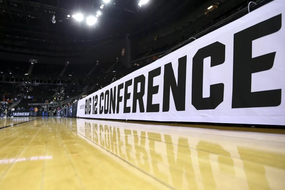Mar 26, 2023; Kansas City, MO, USA; The BIG12 logo is seen on the court prior to the game between the Miami Hurricanes and the Texas Longhorns at the T-Mobile Center. Mandatory Credit: William Purnell-USA TODAY Sports