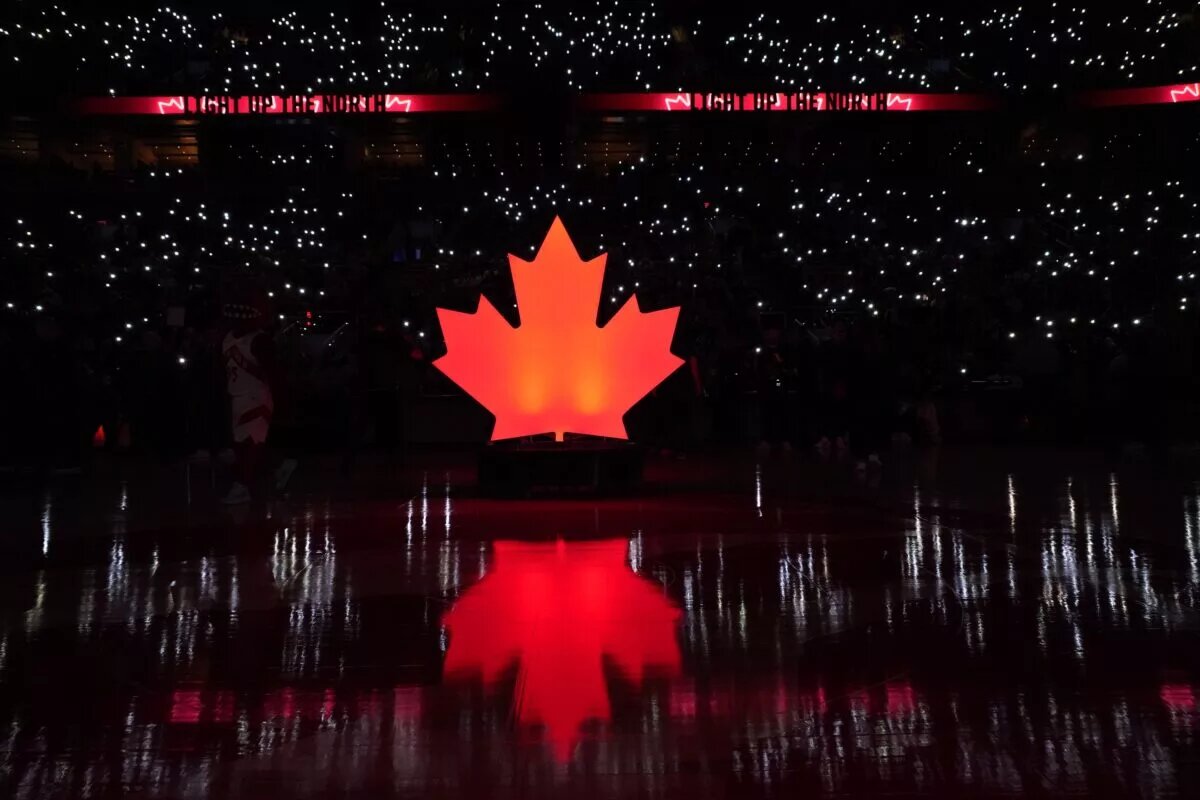 Oct 20, 2023; Toronto, Ontario, CAN; A maple leaf logo at center court before a game between the Washington Wizards and Toronto Raptors at Scotiabank Arena. Mandatory Credit: John E. Sokolowski-USA TODAY Sports