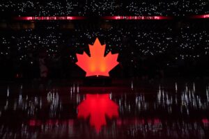Oct 20, 2023; Toronto, Ontario, CAN; A maple leaf logo at center court before a game between the Washington Wizards and Toronto Raptors at Scotiabank Arena. Mandatory Credit: John E. Sokolowski-USA TODAY Sports