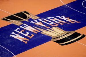 Nov 24, 2023; New York, New York, USA; General view of the in-season tournament court logo during warmups before a game between the New York Knicks and the Miami Heat at Madison Square Garden. Mandatory Credit: Brad Penner-USA TODAY Sports