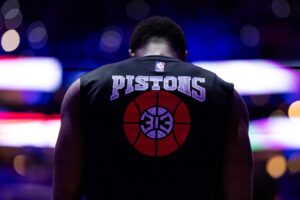 Detroit Pistons graphics on the back of players warm up shirt during the anthem before a game against the Philadelphia 76ers at Wells Fargo Center.