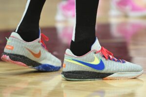 Jan 5, 2024; Cleveland, Ohio, USA; A detail of the shoes of Washington Wizards center Mike Muscala (35) during the second half against the Cleveland Cavaliers at Rocket Mortgage FieldHouse. Mandatory Credit: Ken Blaze-USA TODAY Sports