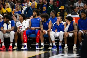 The Detroit Pistons bench react to a loss to the Golden State Warriors during the fourth quarter at Chase Center. The Warriors won 113-109.