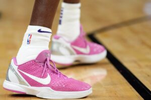 Feb 14, 2024; Phoenix, Arizona, USA; The details of the Nike sneakers of Phoenix Suns center Bol Bol (11) during the first half of the game against the Detroit Pistons at Footprint Center. Mandatory Credit: Joe Camporeale-USA TODAY Sports