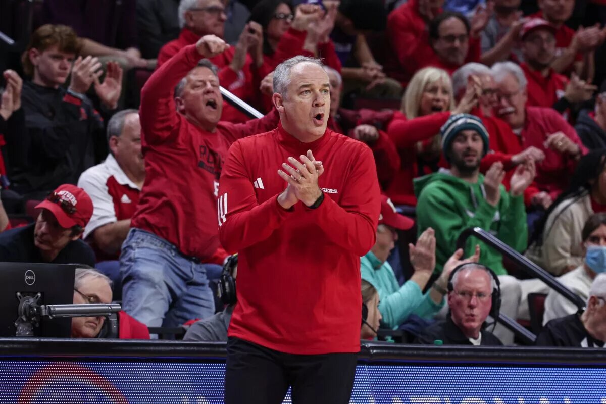 Feb 15, 2024; Piscataway, New Jersey, USA; Rutgers Scarlet Knights head coach Steve Pikiell reacts during the second half against the Northwestern Wildcats at Jersey Mike's Arena. Mandatory Credit: Vincent Carchietta-USA TODAY Sports