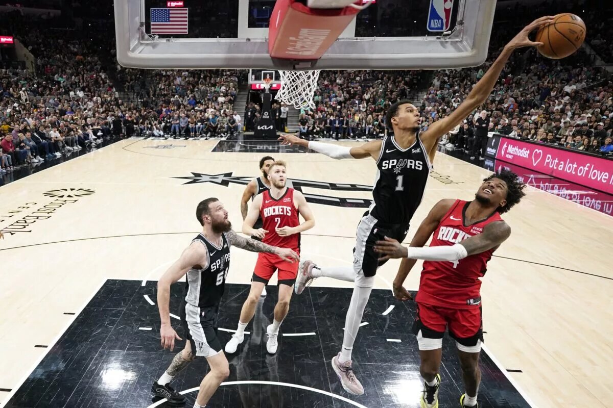 Mar 12, 2024; San Antonio, Texas, USA; San Antonio Spurs forward Victor Wembanyama (1) blocks the shot attempted by Houston Rockets guard Jalen Green (4) during the second half at Frost Bank Center. Mandatory Credit: Scott Wachter-USA TODAY Sports