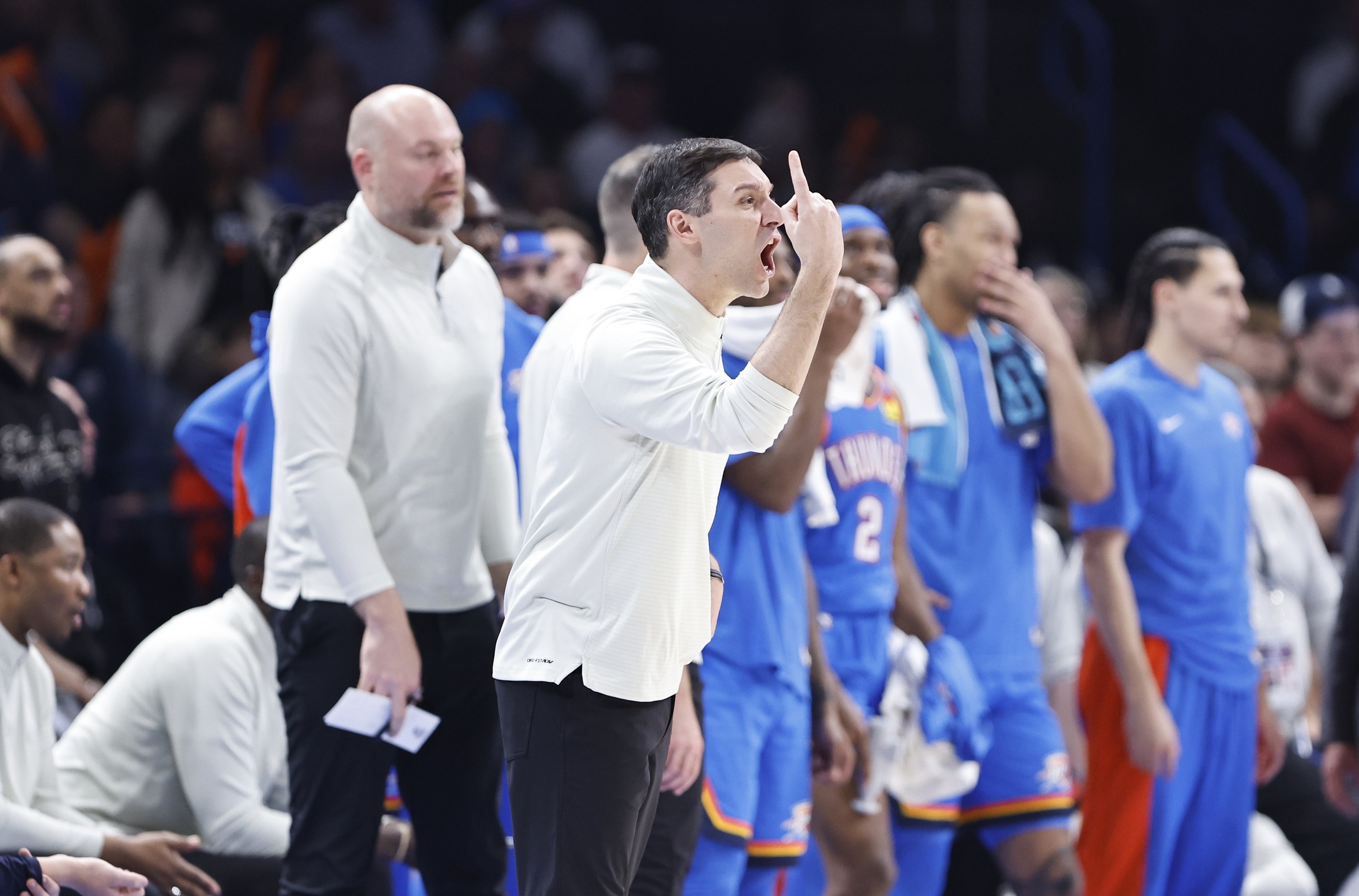 Oklahoma City Thunder head coach Mark Daigneault calls for a review after a play against the Utah Jazz during the second half at Paycom Center.