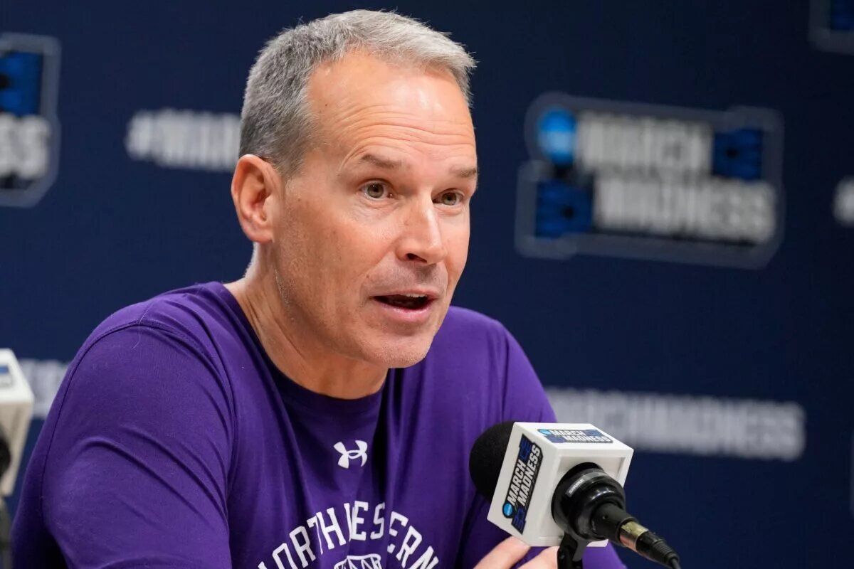 Mar 21, 2024; Brooklyn, NY, USA; Northwestern coach Chris Collins talks to the media at a press conference at Barclays Center. Mandatory Credit: Robert Deutsch-USA TODAY Sports