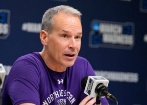 Mar 21, 2024; Brooklyn, NY, USA; Northwestern coach Chris Collins talks to the media at a press conference at Barclays Center. Mandatory Credit: Robert Deutsch-USA TODAY Sports