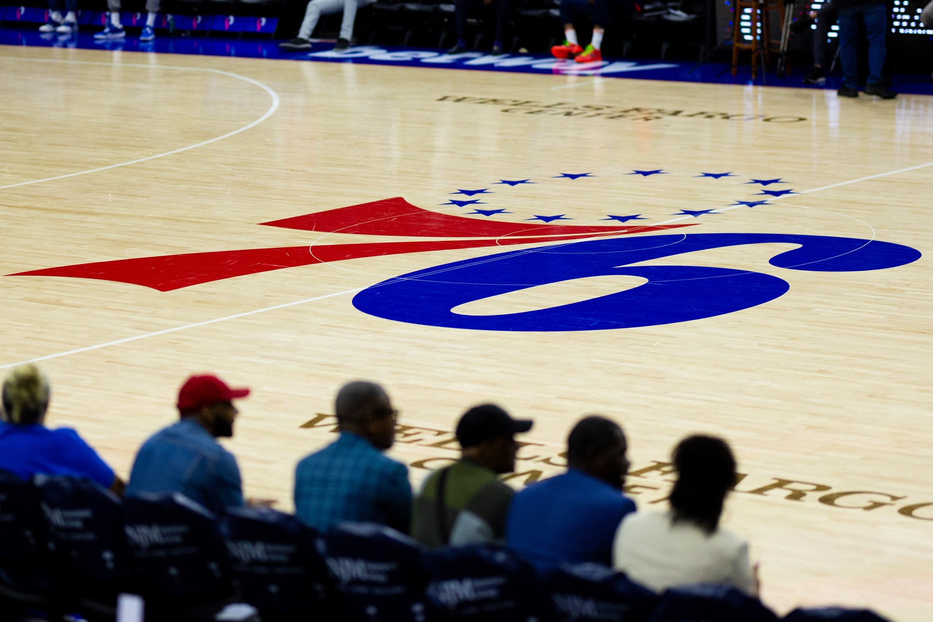Philadelphia 76ers logo at center court before a game against the Brooklyn Nets at Wells Fargo Center.