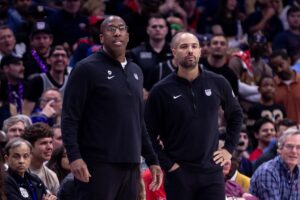 Apr 19, 2024; New Orleans, Louisiana, USA; Sacramento Kings head coach Mike Brown looks on against the New Orleans Pelicans in the first half during a play-in game of the 2024 NBA playoffs at Smoothie King Center. Mandatory Credit: Stephen Lew-USA TODAY Sports