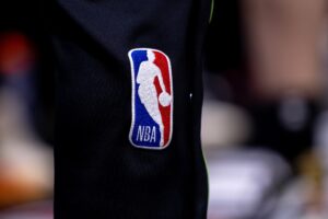 Detailed view go the NBA logo between the New Orleans Pelicans and the Oklahoma City Thunder r during the second half of game four of the first round for the 2024 NBA playoffs at Smoothie King Center.