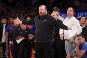 New York Knicks head coach Tom Thibodeau coaches against the Indiana Pacers during the third quarter of game one of the second round of the 2024 NBA playoffs at Madison Square Garden.
